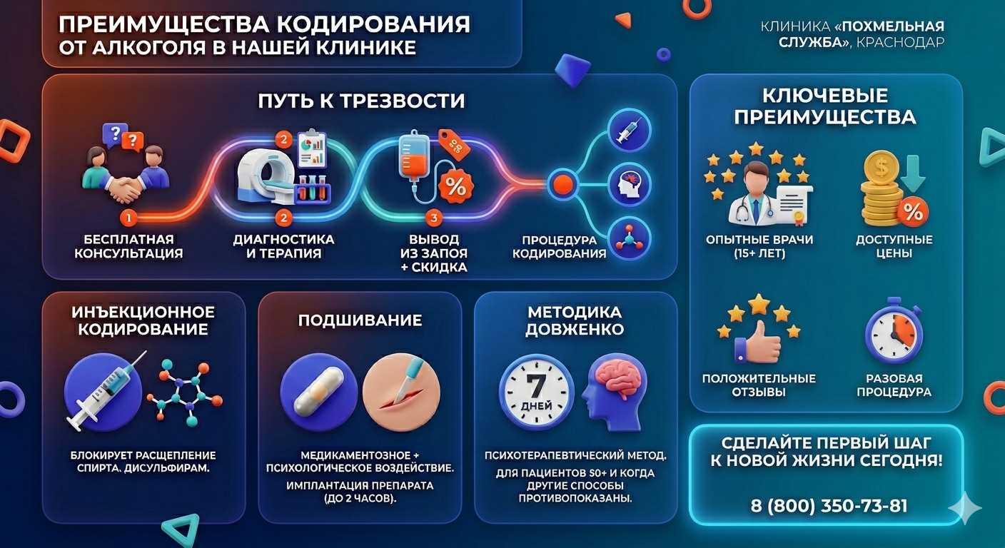 Инфографика о методах кодирования от алкоголя в Крымске: инъекции, подшивание, метод Довженко. Преимущества клиники и этапы лечения.