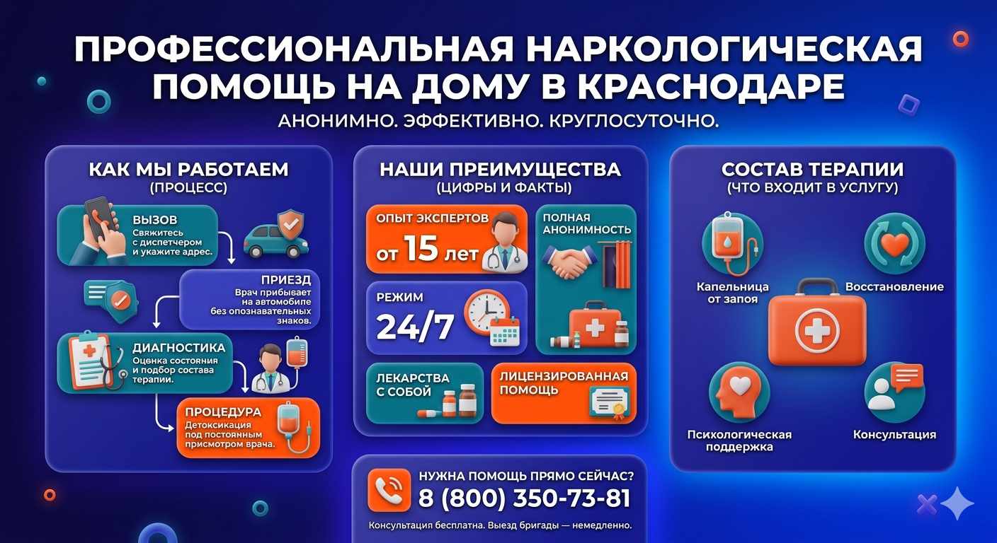 Инфографика о принципах лечения алкоголизма на дому в Крымске: этапы вызова нарколога, преимущества анонимной детоксикации и состав медицинской помощи.